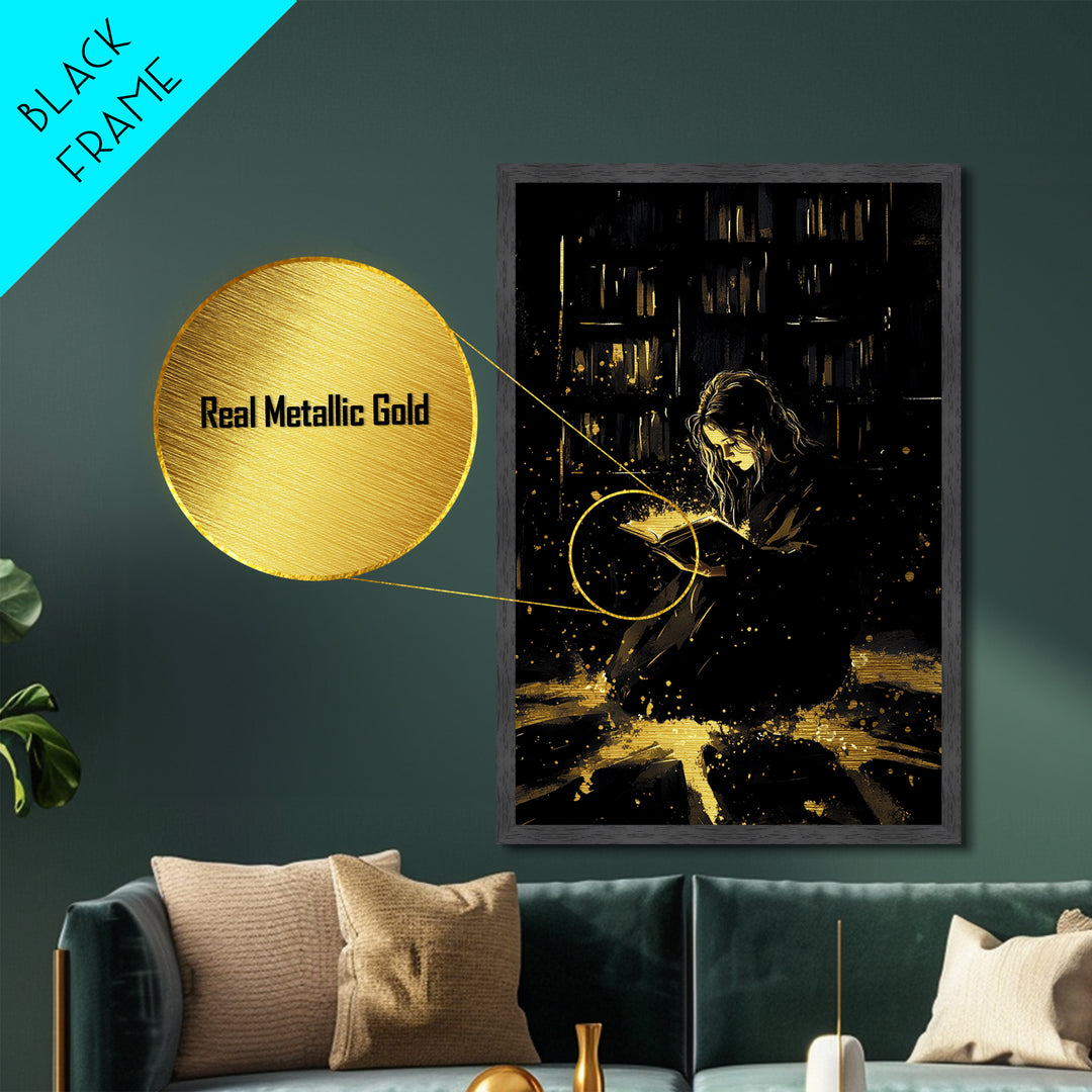 Dark Gothic Character Metallic Gold Art Metal Art | Haunted Spooky Season Wall Decor with Natural Wood Frame for Creepy Halloween