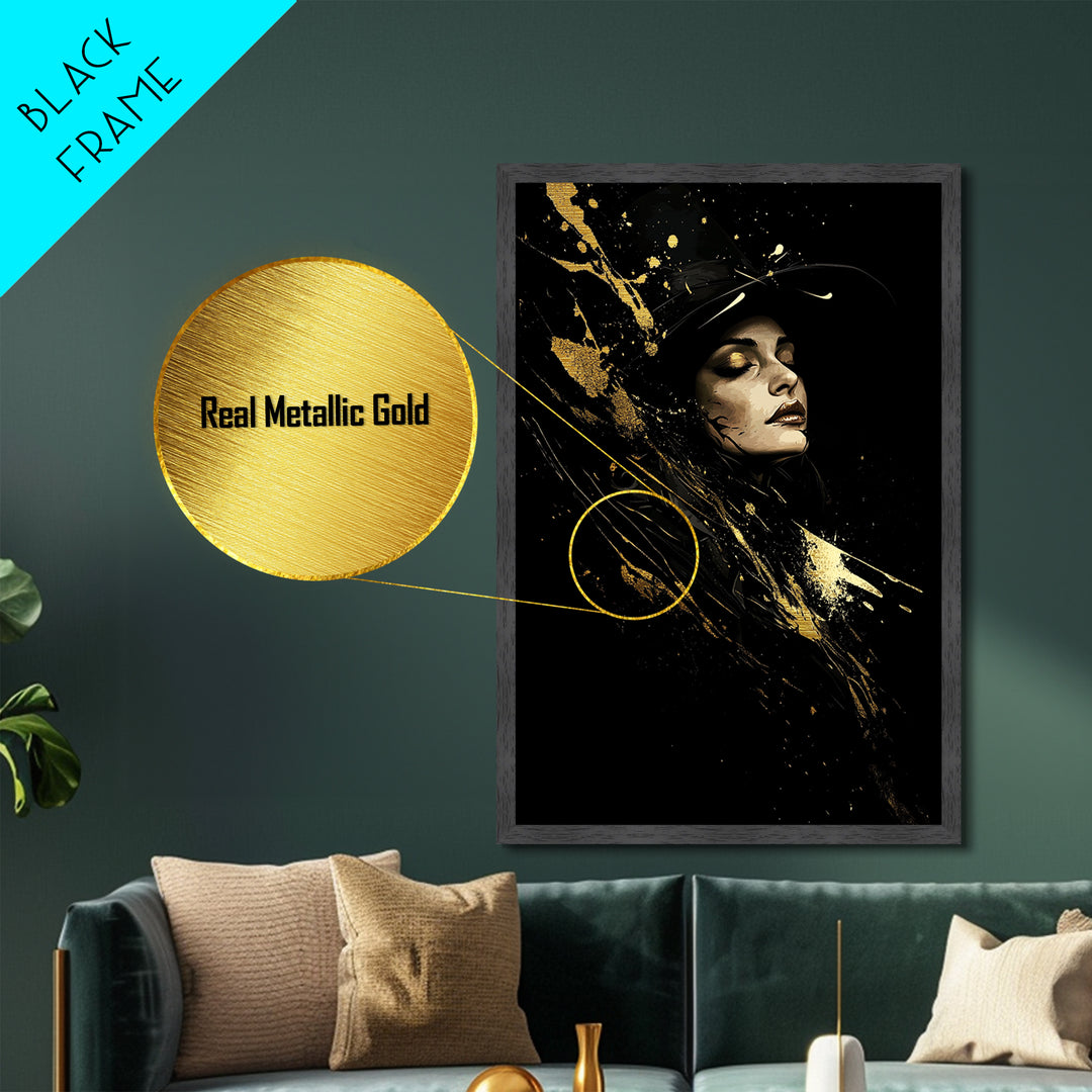 Eerie Haunted Face Metallic Gold Art Metal Art | Spooky Halloween Horror Wall Hanging with Natural Wood Frame Gothic Creepy Style