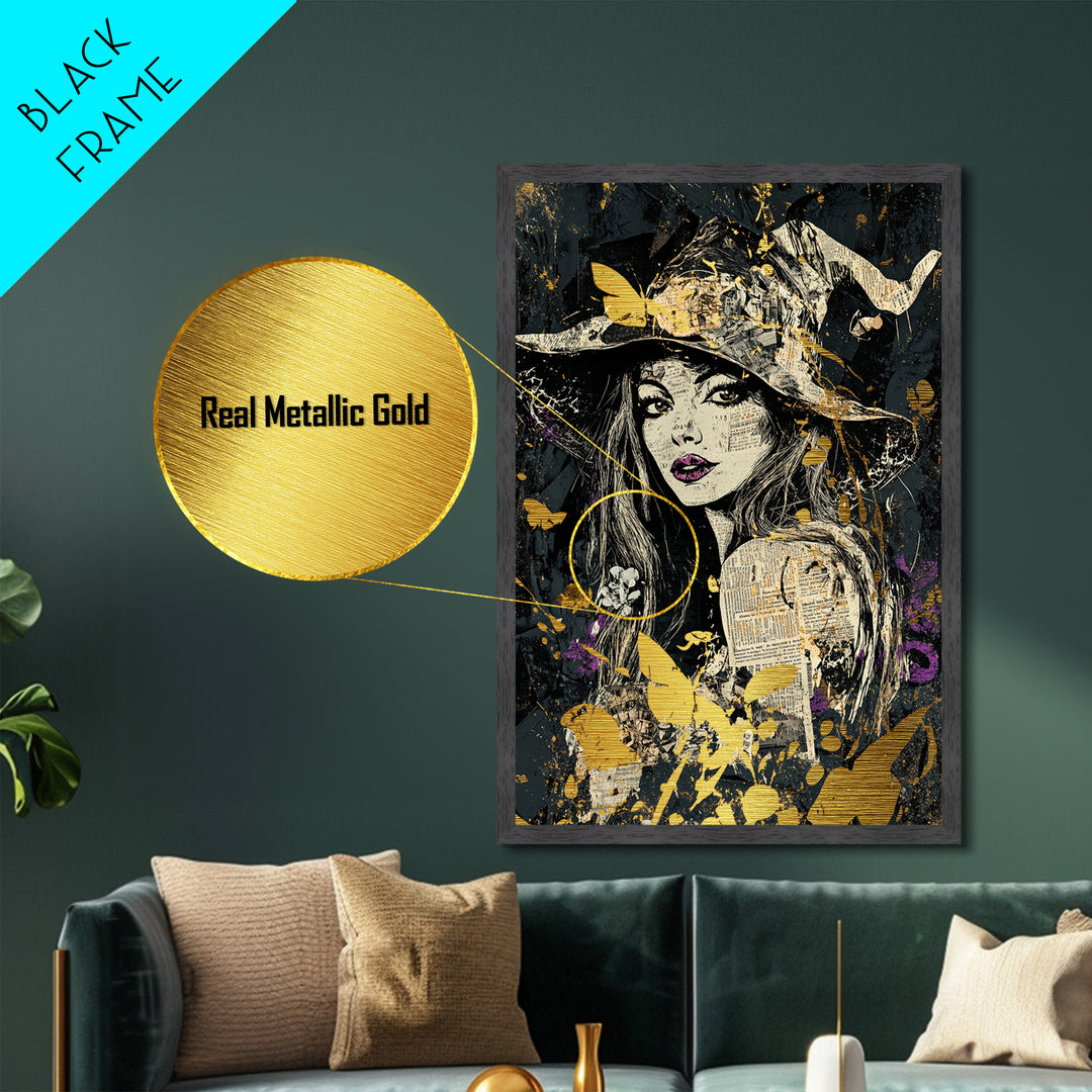Witch Hat Woman Portrait Metallic Gold Art Metal Art Halloween Wall Decor Spooky Gothic Witchy Illustration in Real Wood Frame