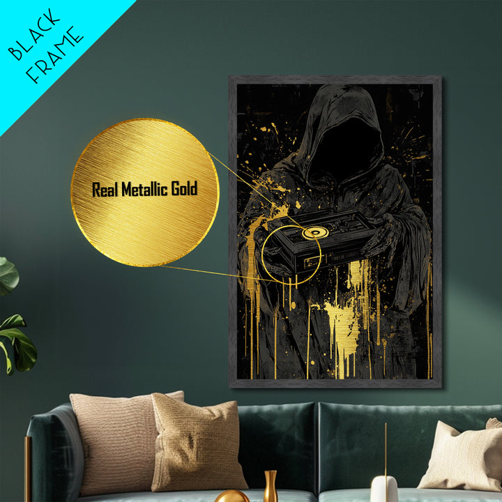 Dark Reaper with Turntable Metallic Gold Art, Spooky DJ Death Metal Art, Horror Halloween Wall Hanging in Solid Wood Frame