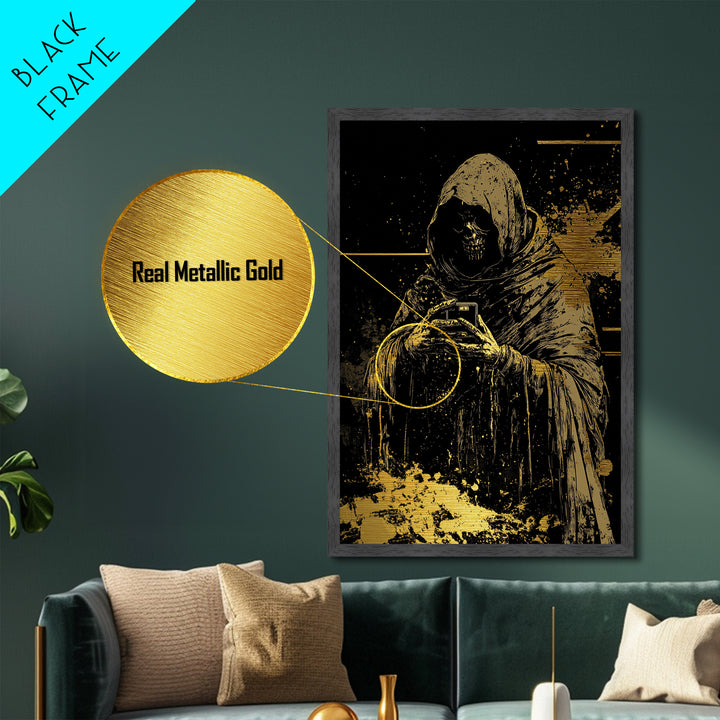 Gothic Skeleton Reaper Metallic Gold Art, Creepy Hooded Death Metal Art, Haunted Halloween Horror Decor with Real Wood Framing