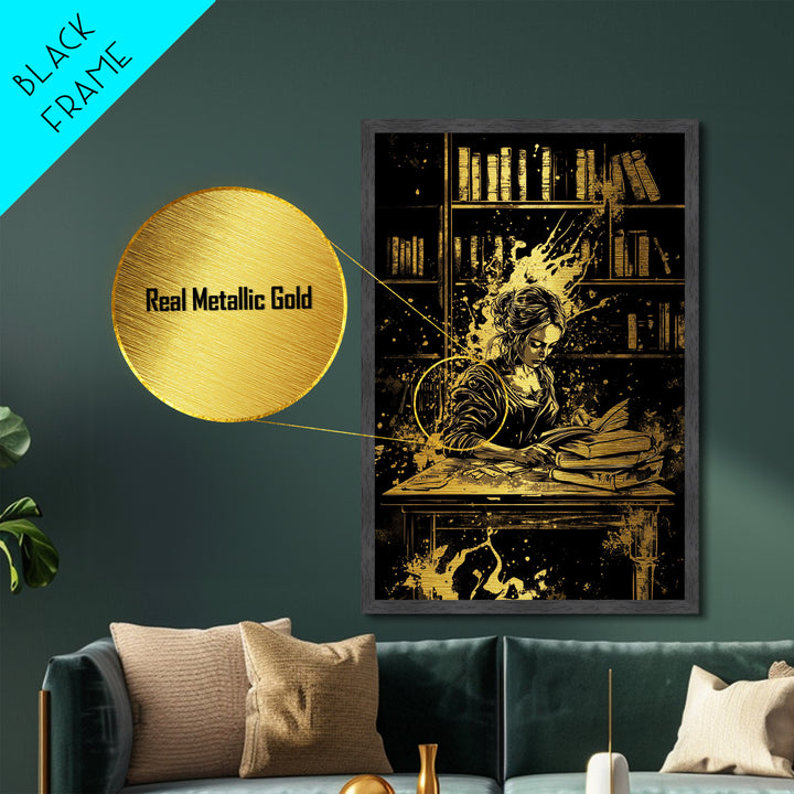 Witchy Woman in Library Metallic Gold Art, Gothic Scholar Halloween Metal Art, Spooky Season Wall Print with Natural Wood Frame