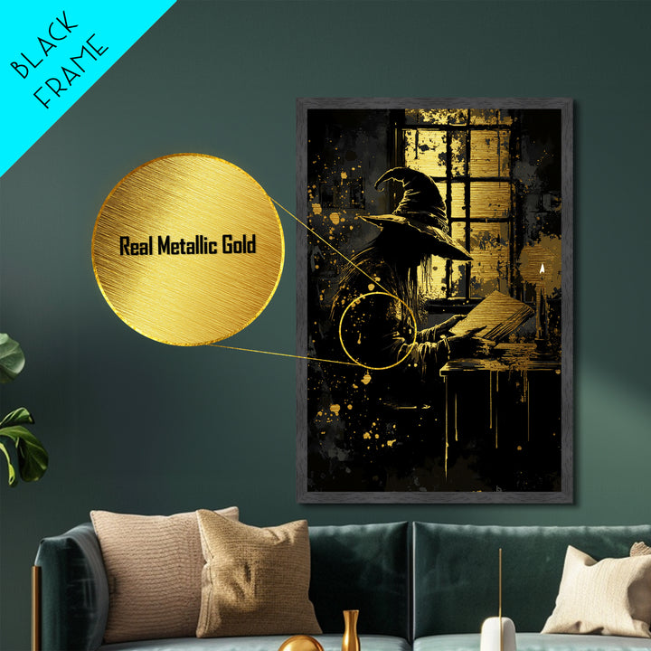 Creepy Witch Reading Candlelight Metallic Gold Art, Haunted Gothic Wizard Metal Art, Halloween Decor Framed in Authentic Wood