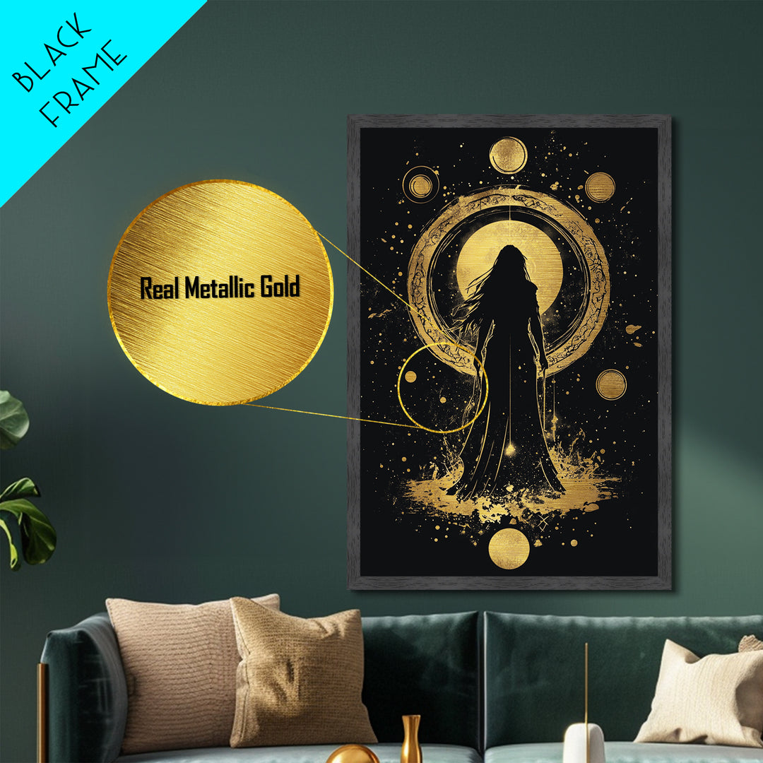 Cosmic Goddess Metallic Gold Art, Spooky Celestial Halloween Metal Art, Gothic Witchy Season Decor Framed in Natural Wood