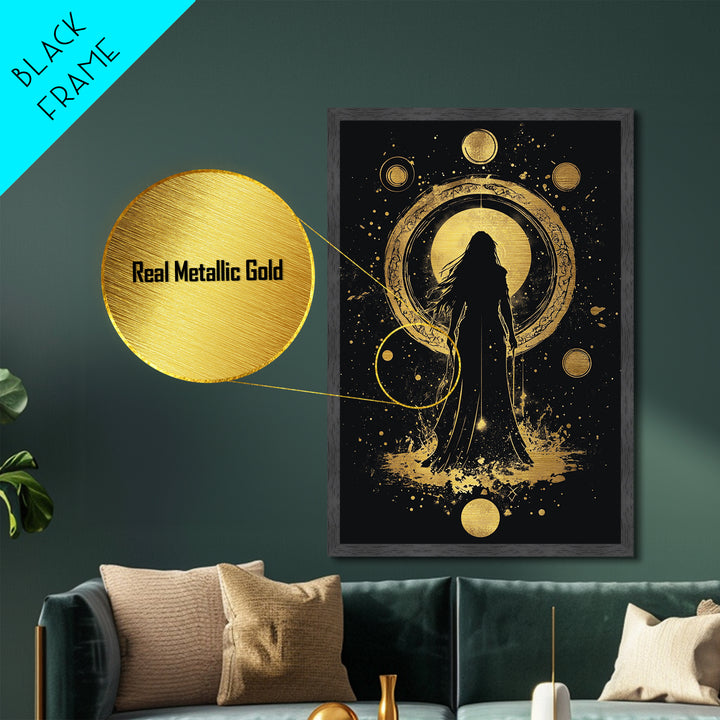 Cosmic Goddess Metallic Gold Art, Spooky Celestial Halloween Metal Art, Gothic Witchy Season Decor Framed in Natural Wood