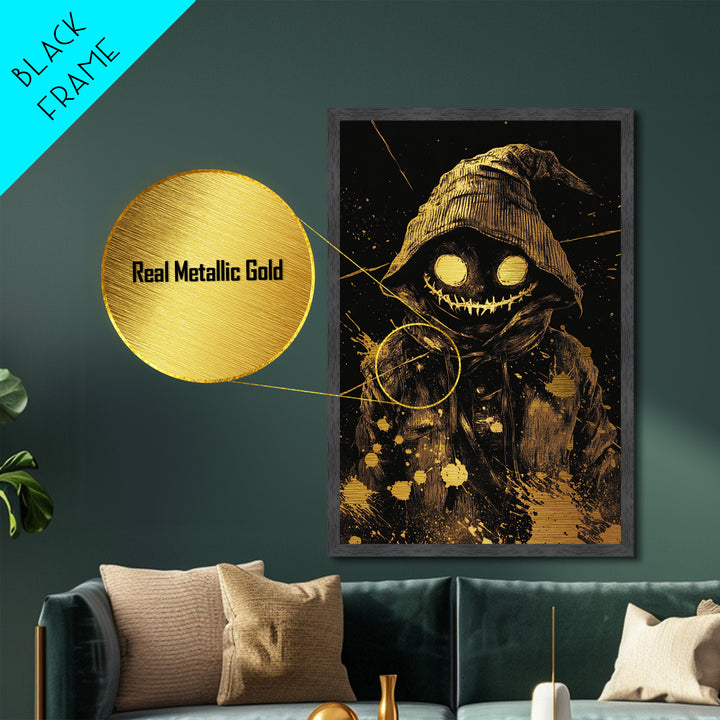 Creepy Smiling Hooded Monster Metallic Gold Art, Horror Grinning Demon Metal Art, Gothic Halloween Wall Hanging with Wood Frame