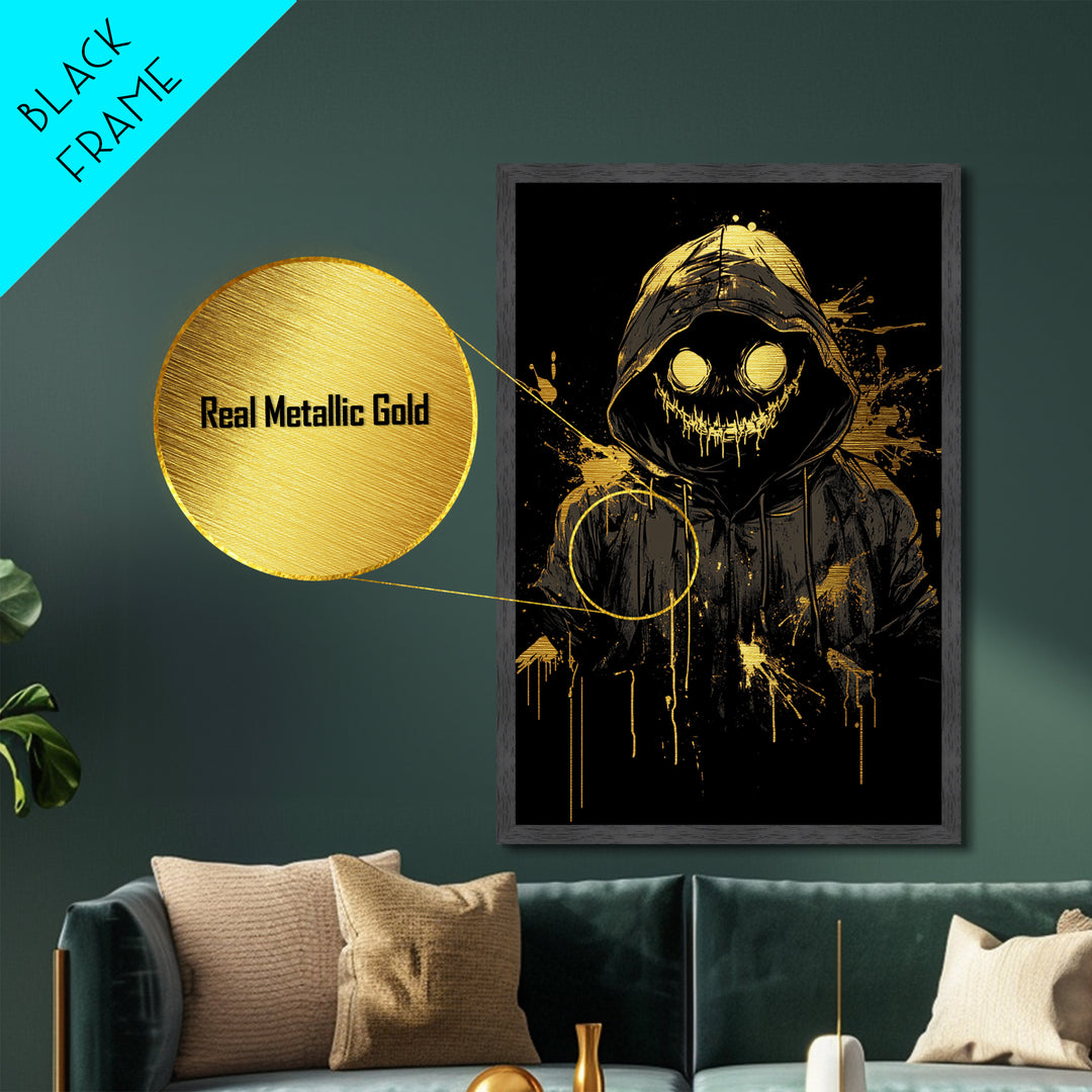 Grinning Pumpkin Spirit Metallic Gold Art, Spooky Halloween Hooded Monster Metal Art, Gothic Horror Print in Real Wooden Frame