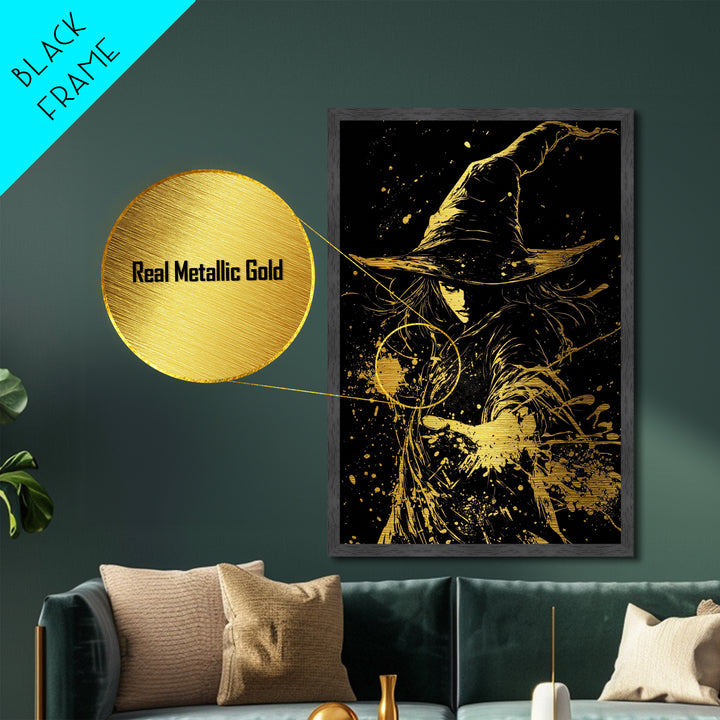 Witch Casting Spell Metallic Gold Art Metal Art Halloween Wall Decor Spooky Sorceress Gothic Magic Artwork in Real Wood Frame