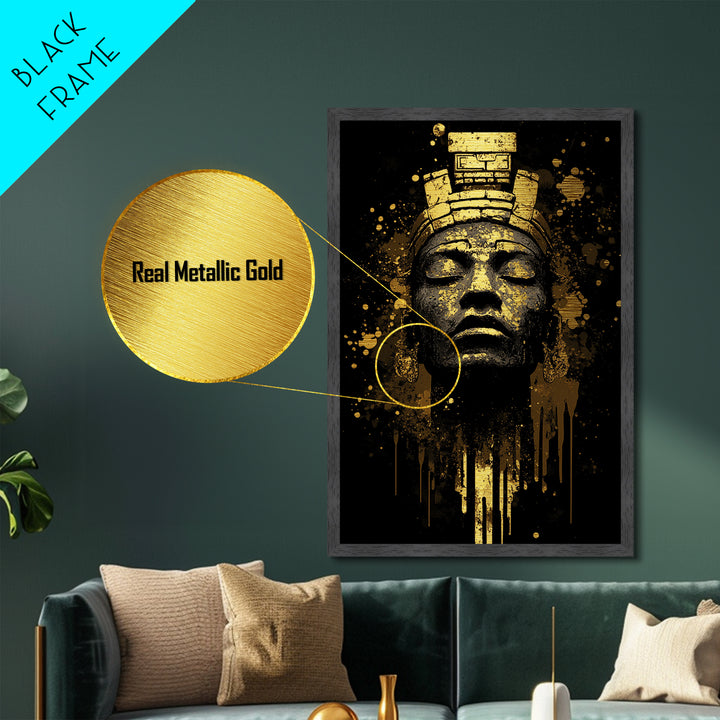 Ancient Gothic Idol Metallic Gold Art, Haunted Masked Statue Metal Art, Spooky Season Horror Wall Decor with Framed Real Wood