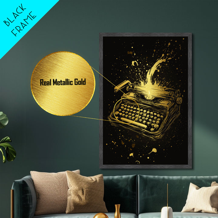 Haunted Typewriter Metallic Gold Art, Spooky Season Metal Art Print with Splatter Design, Framed in Natural Real Wood