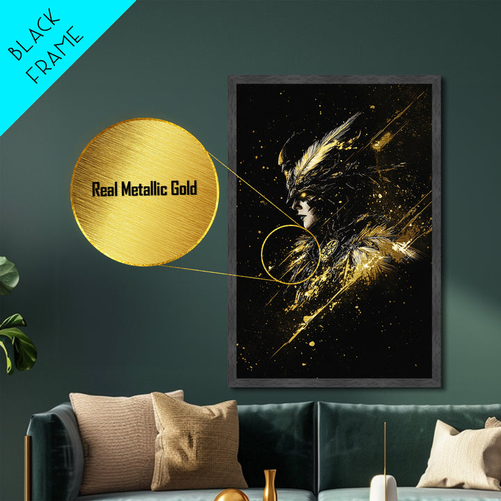 Gothic Valkyrie Warrior Metal Art, Metallic Gold Art with Fantasy Spooky Style, Halloween Print Framed in Real Wood