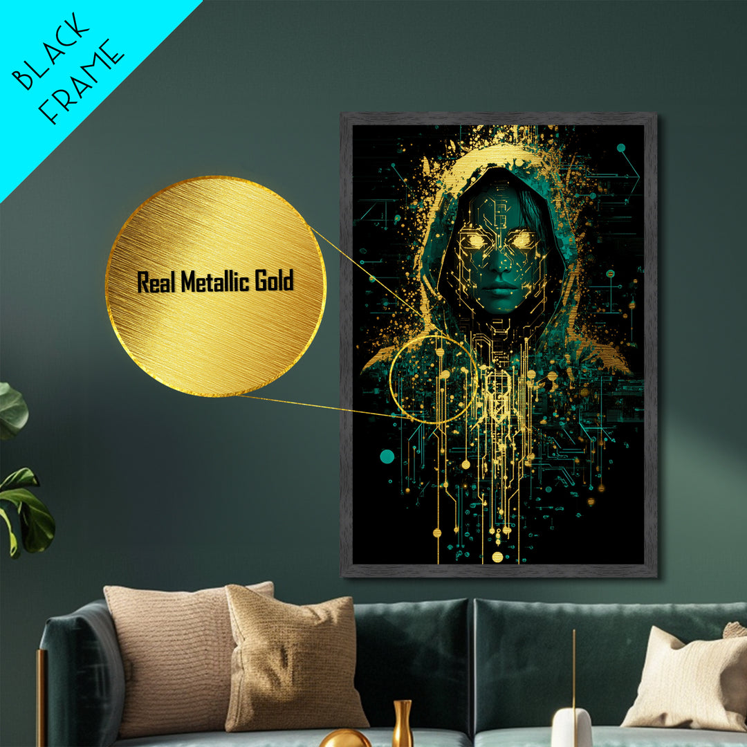 Cyberpunk Hooded Spirit Metallic Gold Art, Futuristic Horror Metal Art Print with Real Wood Frame for Spooky Season Decor
