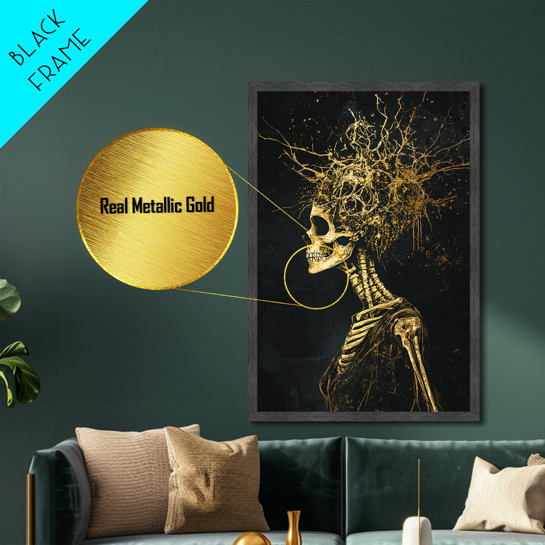 Creepy Skeleton Skull Burst Metallic Gold Art, Gothic Halloween Horror Metal Art Print with Natural Wood Framing