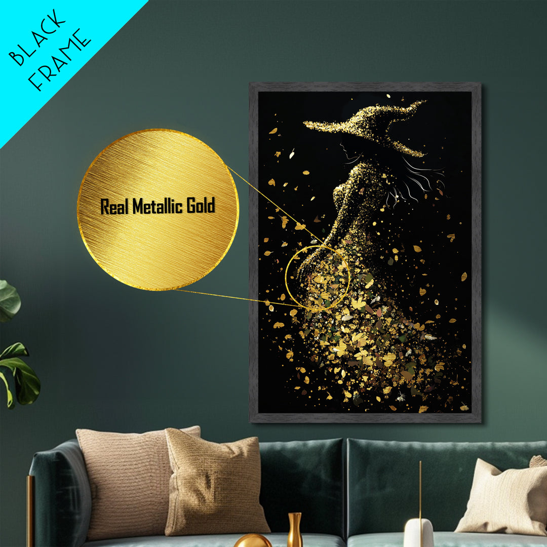 Witchy Woman of Autumn Metallic Gold Art, Enchanted Spooky Season Metal Art Print in Real Wood Frame, Gothic Halloween Decor