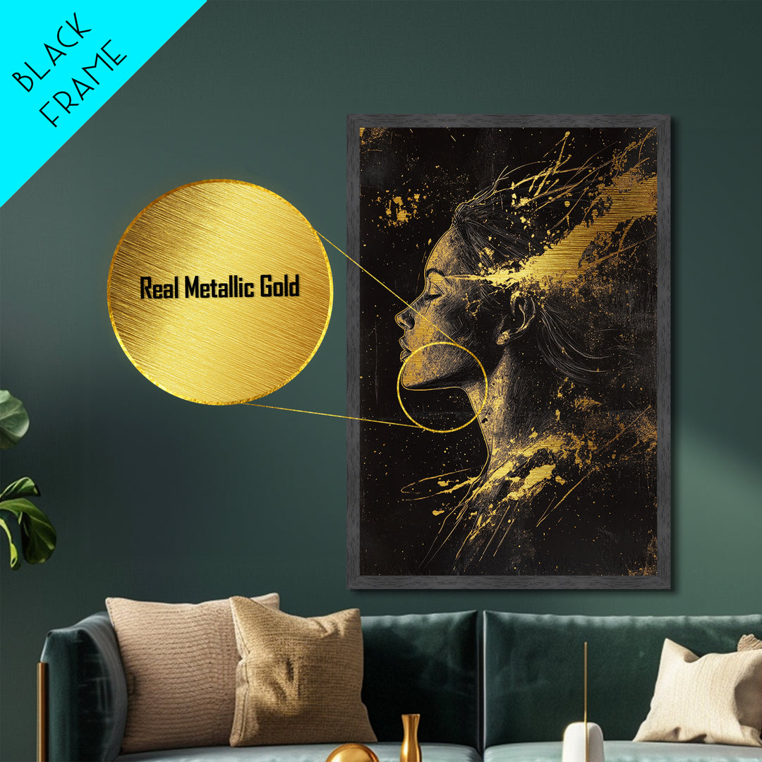 Haunted Spirit Silhouette Metal Art, Metallic Gold Art Profile Portrait with Spooky Splatter Style, Real Wood Frame Decor