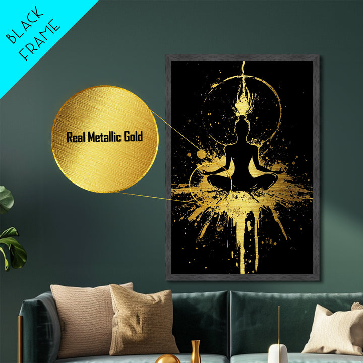 Mystic Meditation Halloween Metal Art, Metallic Gold Art with Spooky Cosmic Energy, Wall Print in Real Wood Framing