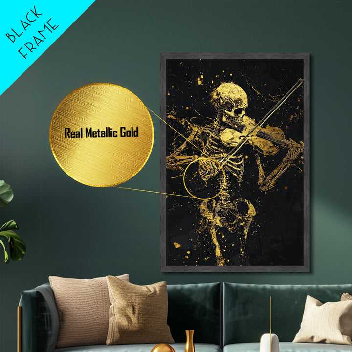 Skeleton Violinist Metallic Gold Art, Spooky Halloween Music-Inspired Metal Art Print Framed in Natural Real Wood