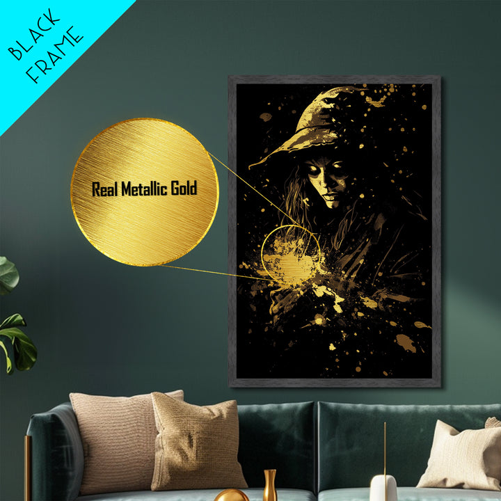 Golden Witch Under Starlight Metallic Gold Art | Haunted Night Metal Art in Real Wood Frame for Spooky Season Halloween Wall Art