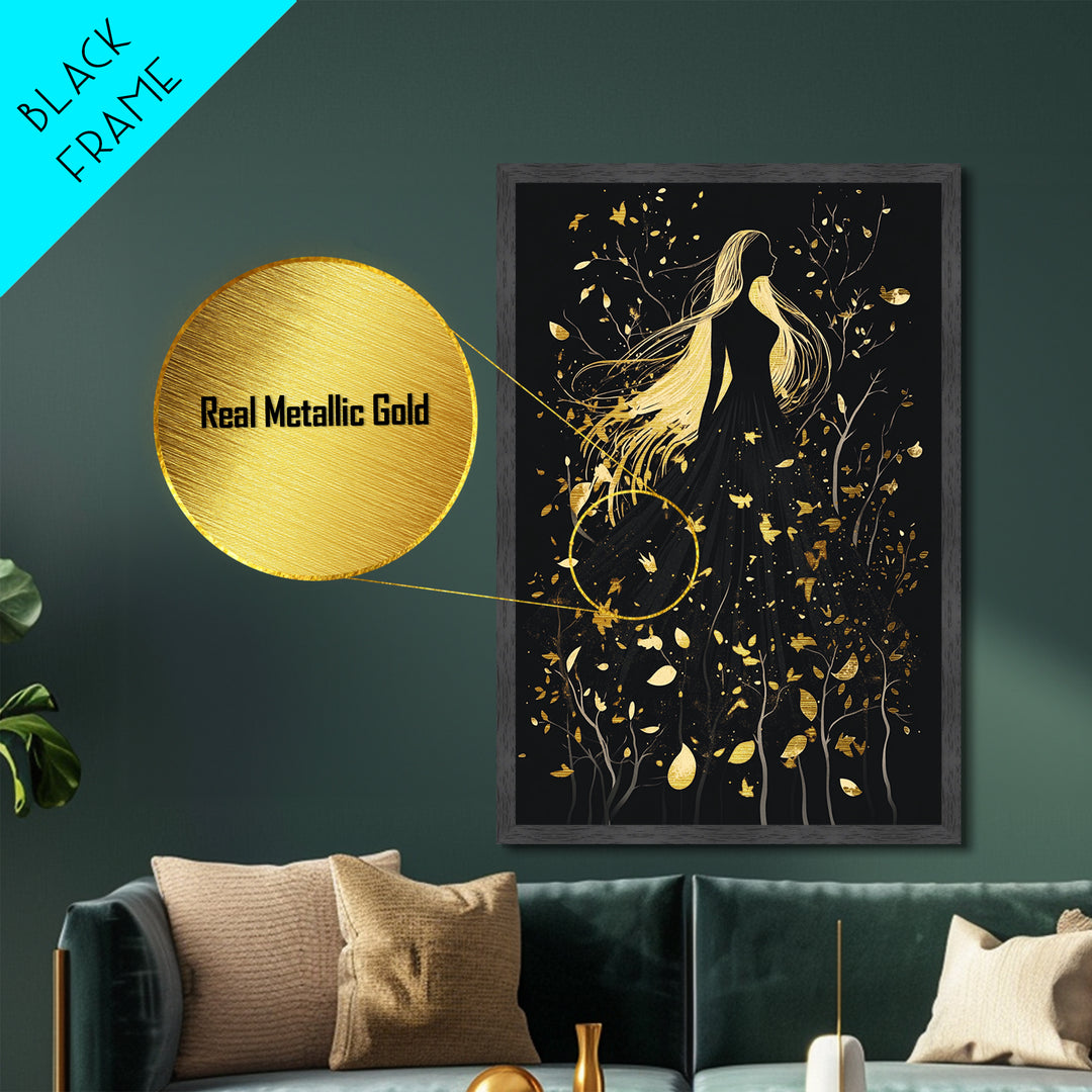 Creepy Feathered Profile Metallic Gold Art | Gothic Silhouette Metal Art with Real Wood Frame for Spooky Season Halloween Wall Decor