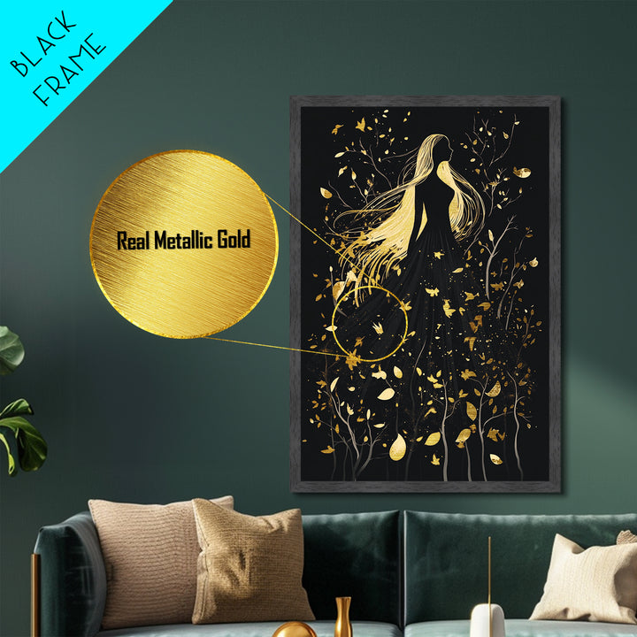 Creepy Feathered Profile Metallic Gold Art | Gothic Silhouette Metal Art with Real Wood Frame for Spooky Season Halloween Wall Decor