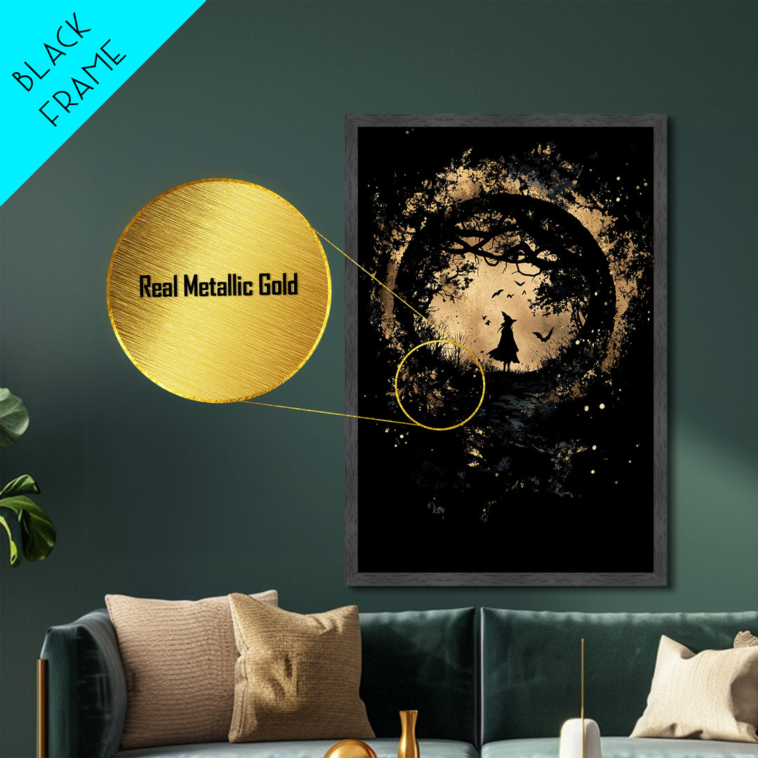 Witch Portrait in Golden Splatter Metallic Gold Art | Gothic Halloween Metal Art Framed with Real Wood for Spooky Season Wall Decor