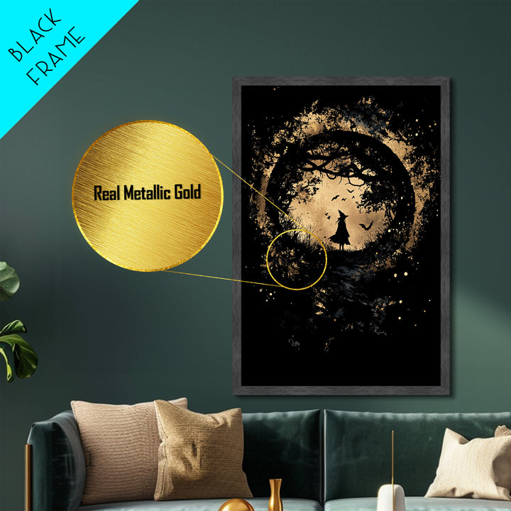 Witch Portrait in Golden Splatter Metallic Gold Art | Gothic Halloween Metal Art Framed with Real Wood for Spooky Season Wall Decor