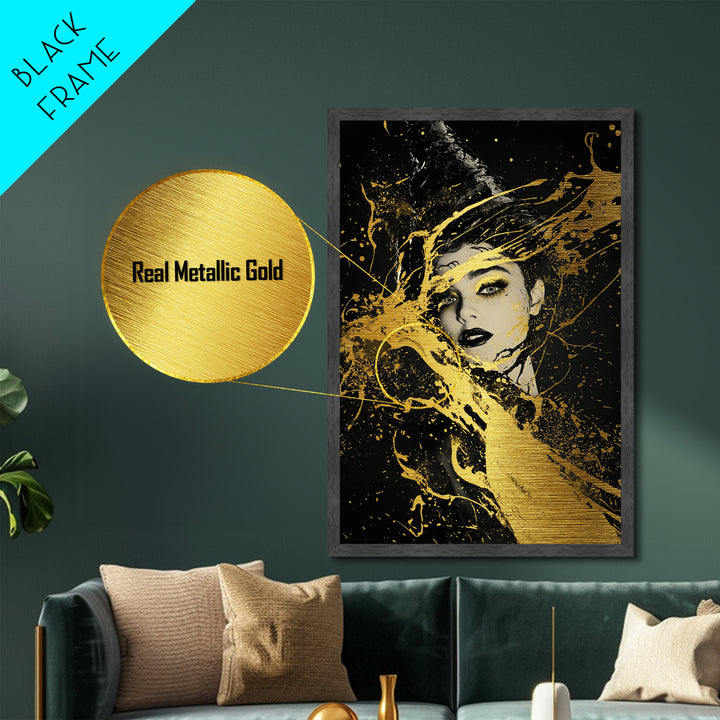 Mystical Face in Gold Splatter Metallic Gold Art | Haunted Gothic Metal Art with Real Wood Frame for Spooky Season Halloween Wall Decor