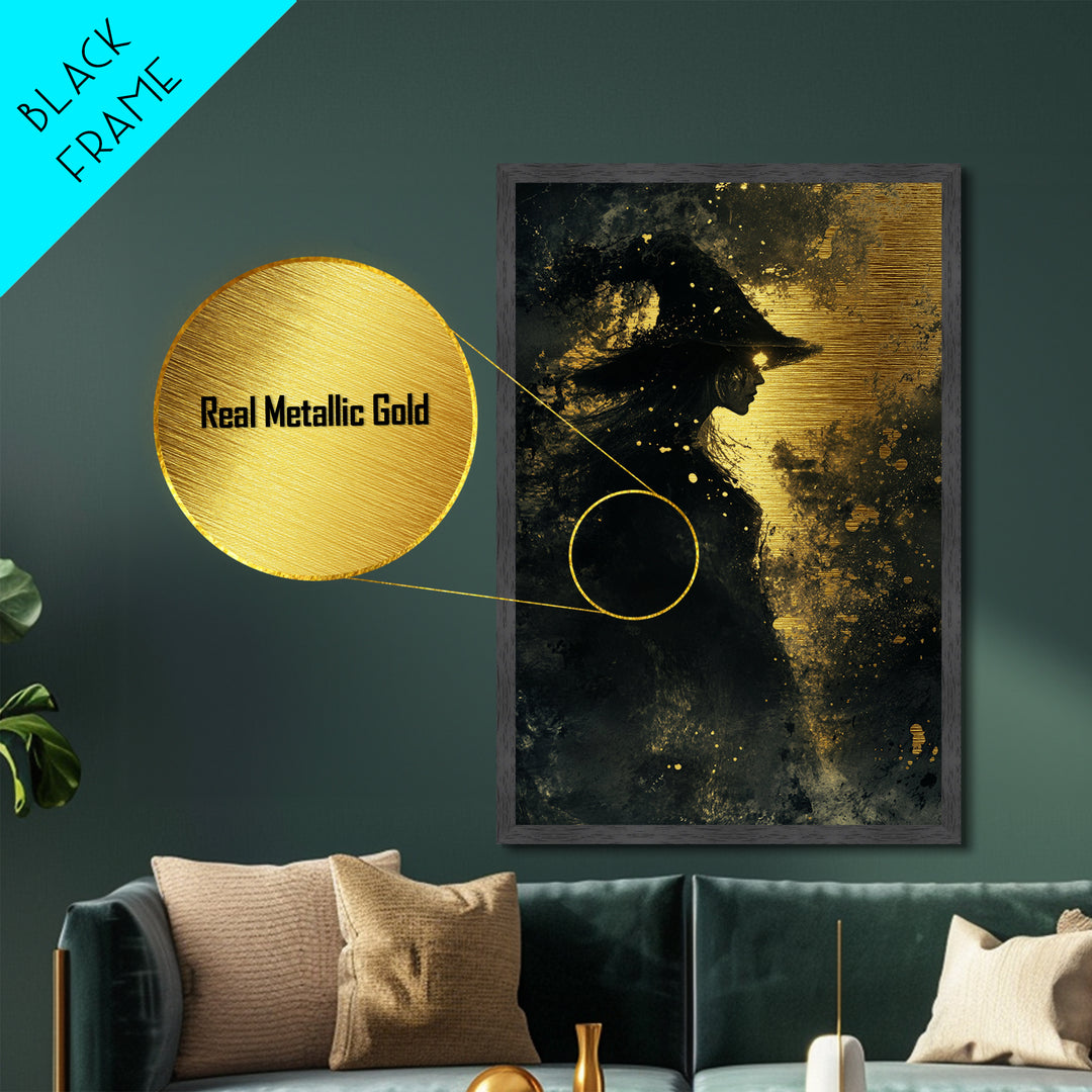 Witchy Halloween Metallic Gold Art Metal Art – Gothic Witch Silhouette in Natural Wood Frame, Spooky Season Wall Decor