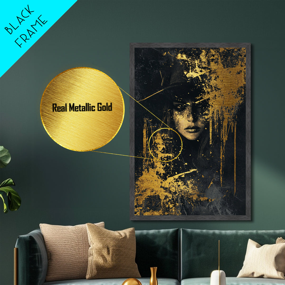 Haunted Sorceress Portrait Metallic Gold Art Metal Art – Spooky Gothic Halloween Wall Hanging in Real Wood Frame