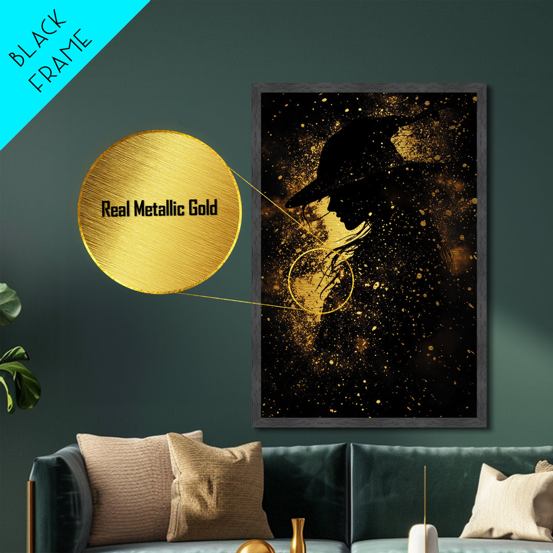 Creepy Witch Silhouette Metallic Gold Art Metal Art – Spooky Season Decor Framed in Rustic Real Wood, Halloween Wall Art
