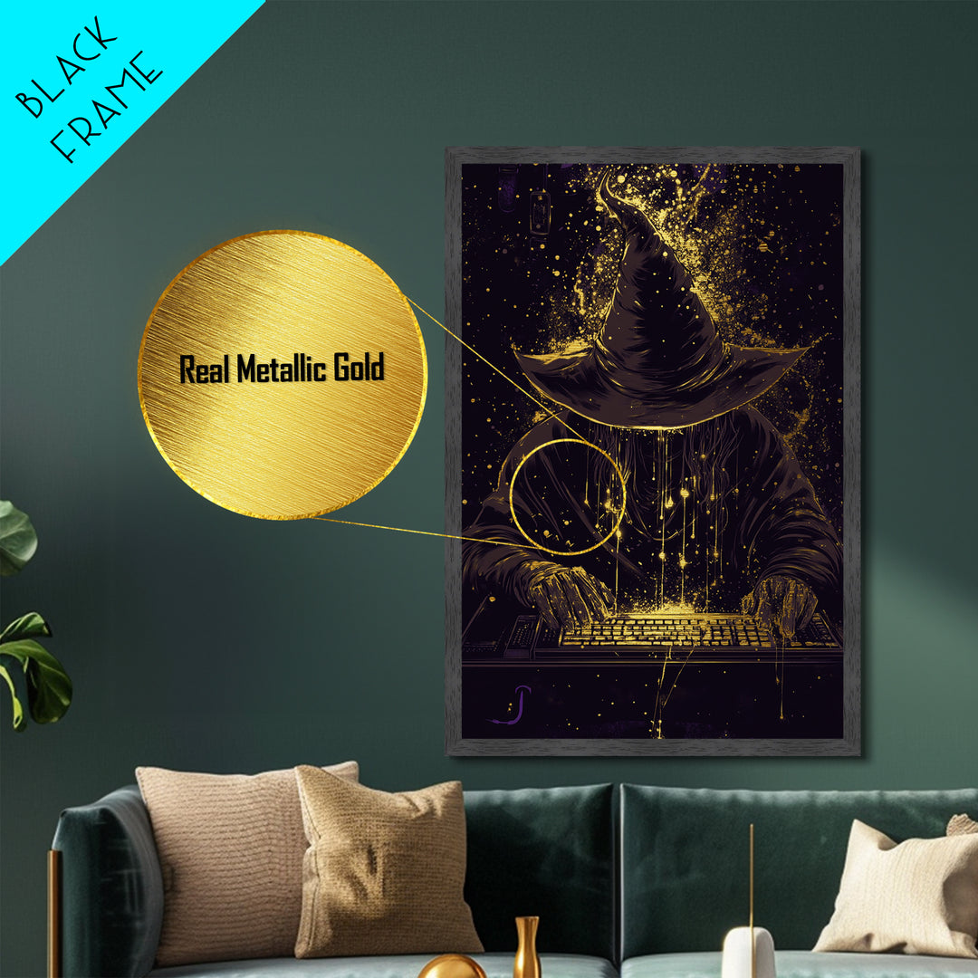 Dark Wizard Hacker Metallic Gold Art Metal Art – Spooky Tech Witch Wall Print with Real Wood Frame, Haunted Season Decor