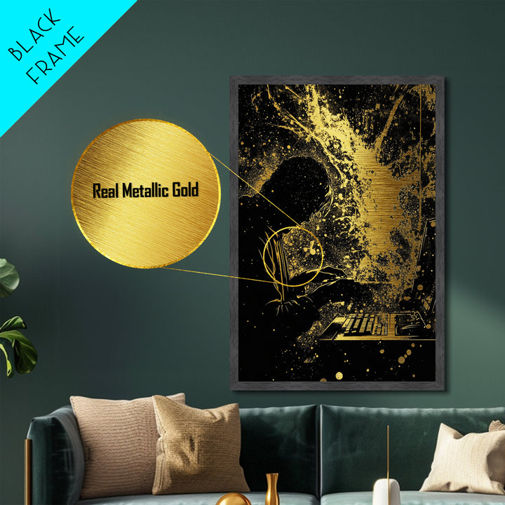 Cyber Spooky Hacker Metallic Gold Art Metal Art – Creepy Halloween Digital Sorcery Print in Real Wood Frame, Gothic Wall Art