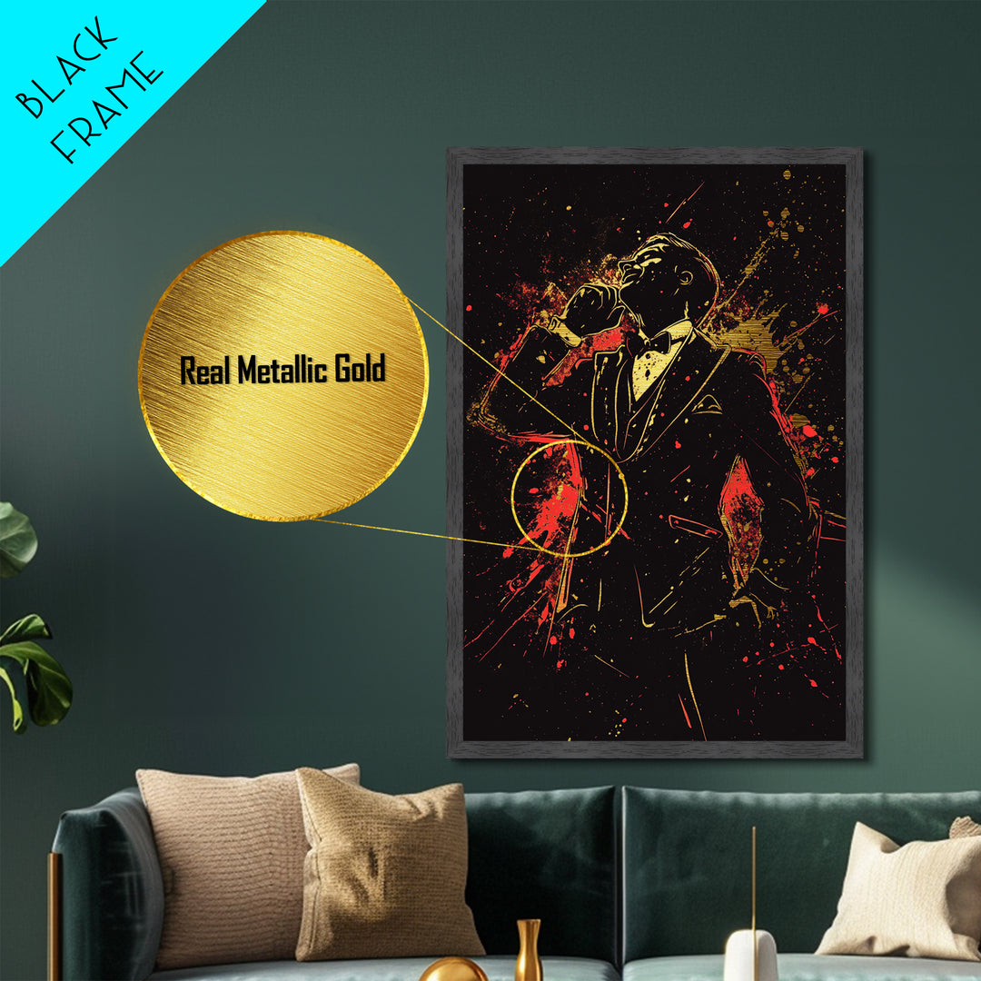 Gothic Vampire Gentleman Metallic Gold Art Metal Art – Haunted Horror Portrait in Real Wood Frame, Spooky Season Halloween Decor