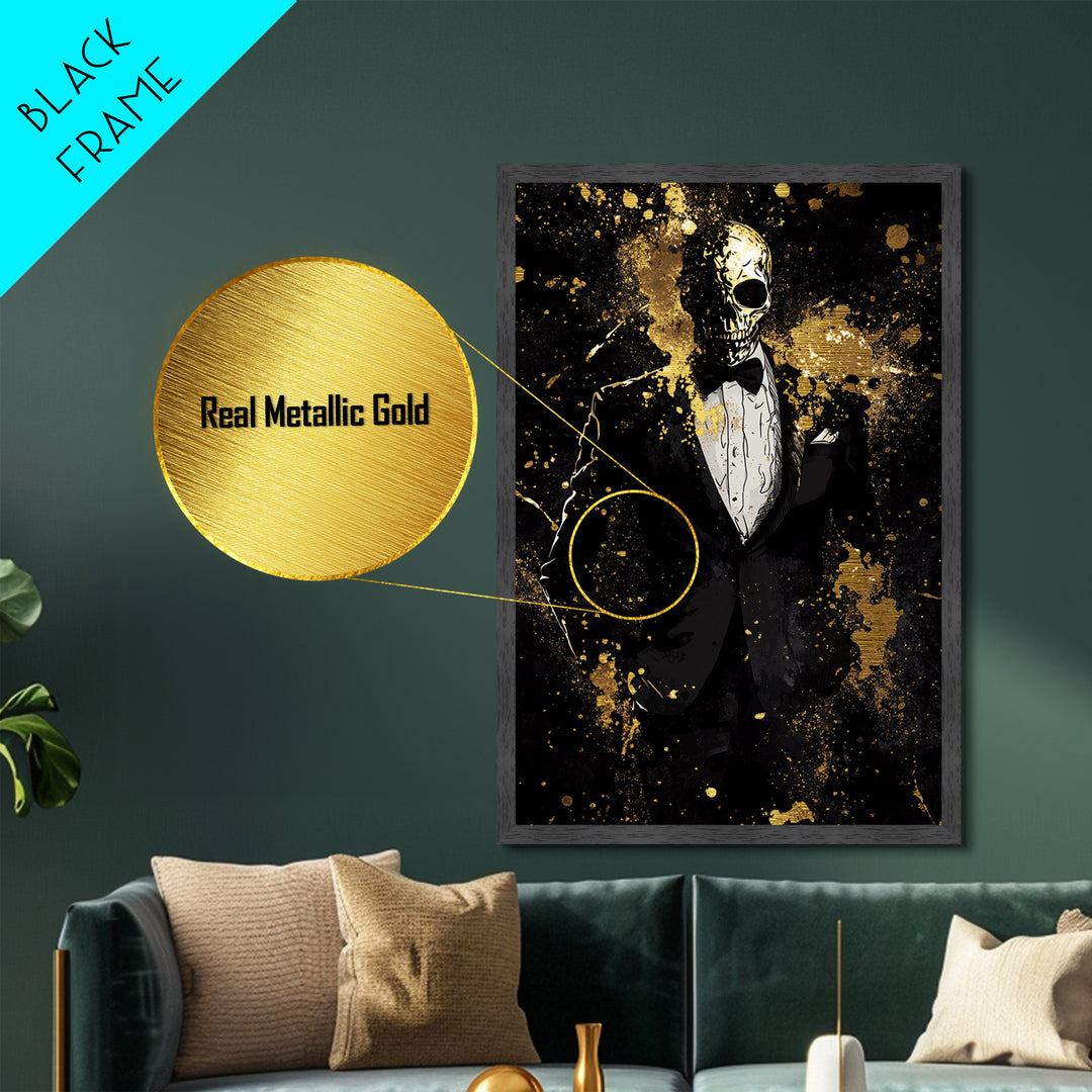 Skeleton Mask Gentleman Metallic Gold Art Metal Art – Creepy Halloween Wall Art in Natural Wood Frame, Haunted Gothic Home Decor