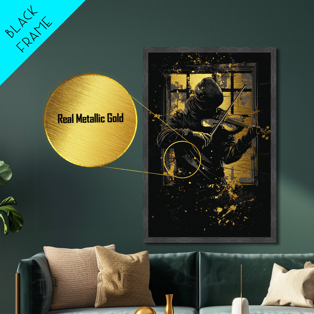 Mysterious Hooded Violinist Metallic Gold Art Metal Art – Spooky Musician Halloween Print with Real Wood Frame Gothic Wall Hanging