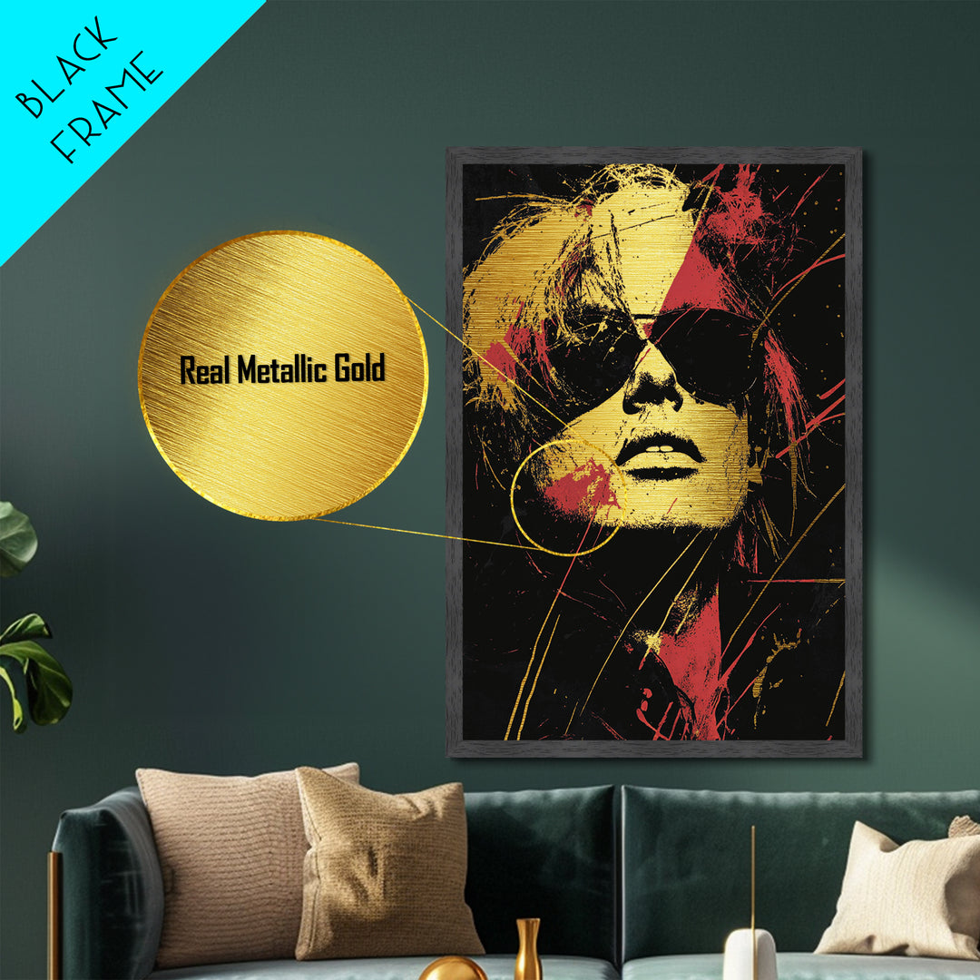 Spooky Glam Rocker Metallic Gold Art Metal Art – Gothic Punk Halloween Wall Print with Real Wood Frame, Creepy Haunted Decor