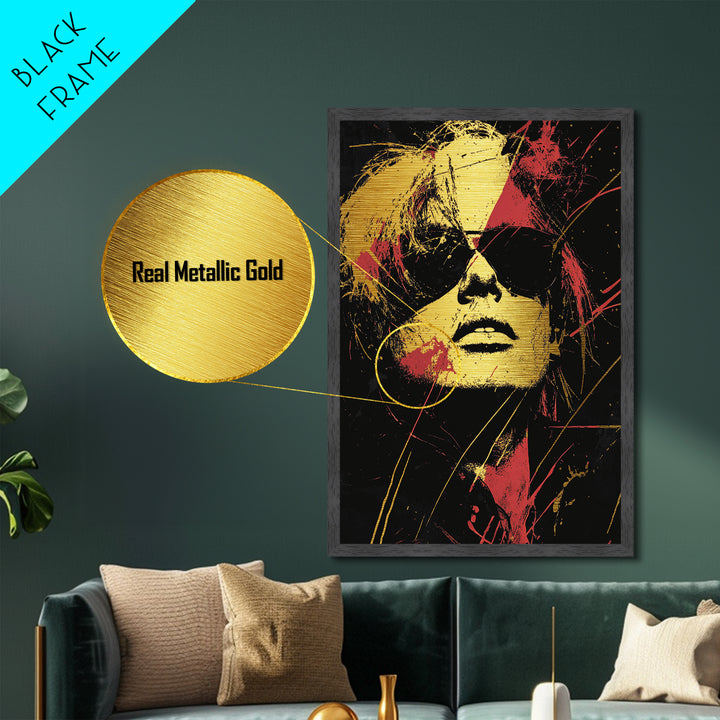 Spooky Glam Rocker Metallic Gold Art Metal Art – Gothic Punk Halloween Wall Print with Real Wood Frame, Creepy Haunted Decor