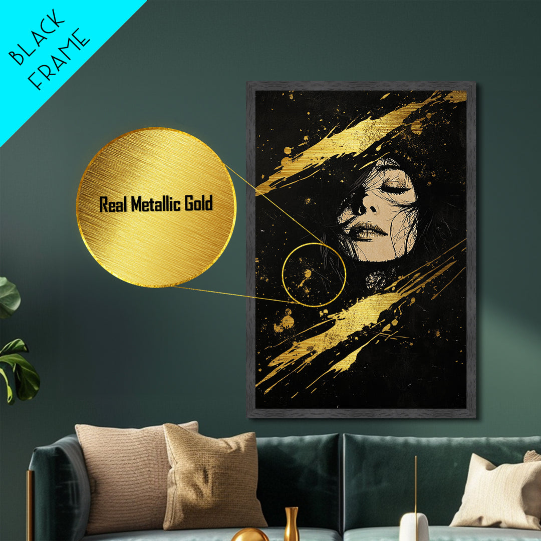 Gothic Metallic Gold Art Witchy Portrait | Spooky Season Metal Art | Haunted Wall Decor in Real Wood Frame for Halloween