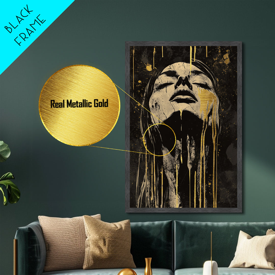 Haunting Metallic Gold Art Creepy Face | Horror Inspired Metal Art | Spooky Gothic Wall Print with Real Wood Frame