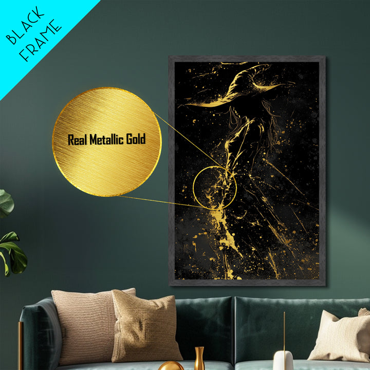Metal Art Witch Portrait in Metallic Gold | Haunted Spooky Wall Print | Halloween Gothic Decor with Solid Wood Frame