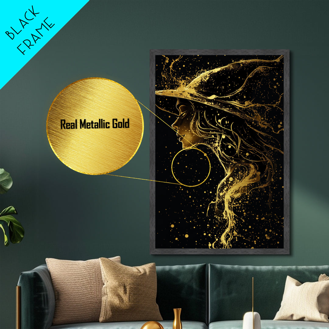 Halloween Metallic Gold Art Witch Silhouette | Spooky Metal Art | Haunted Gothic Wall Decor in Authentic Wood Frame