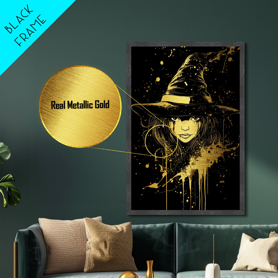 Creepy Metallic Gold Art | Horror Metal Art Witch Portrait | Gothic Spooky Season Wall Hanging with Real Wood Framing
