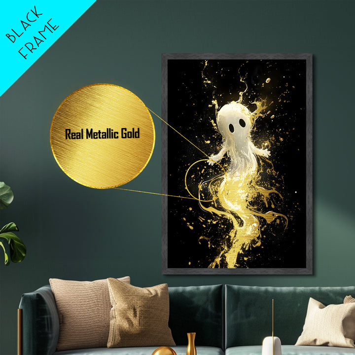 Cute Ghost Floating in Gold Splatter – Metallic Gold Art, Halloween Metal Art Print with Real Wood Frame, Whimsical Spooky Decor