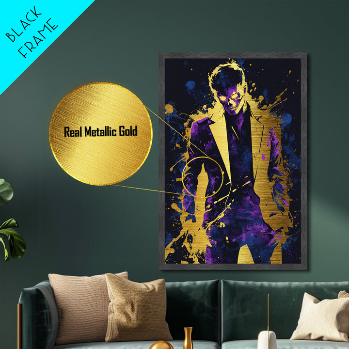 Skeleton Suit Horror Man Metallic Gold Art Metal Art Halloween Wall Decor Spooky Haunted Villain Character in Real Wood Frame