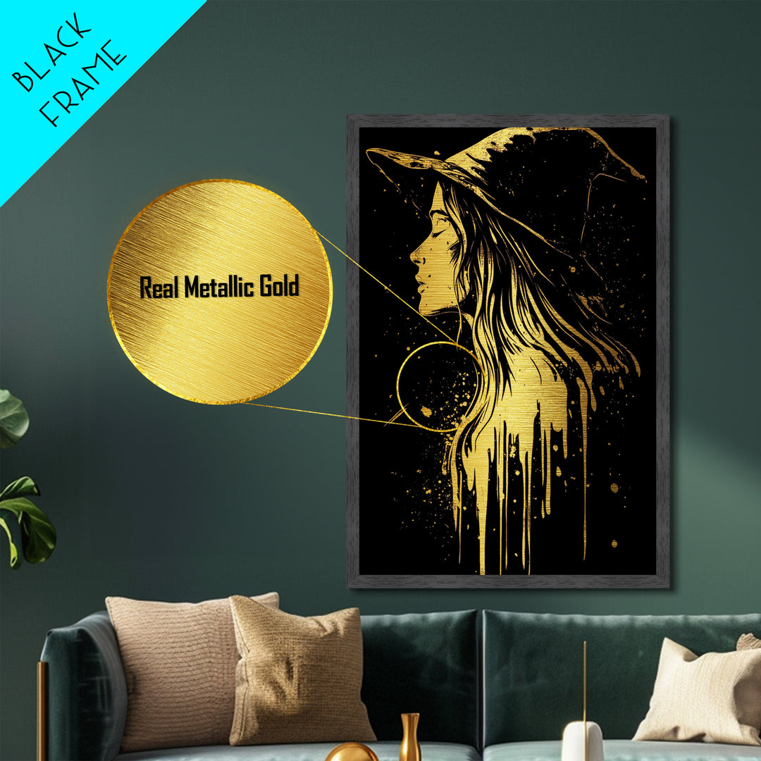 Halloween Metallic Gold Art | Witch Silhouette Metal Art | Spooky Haunted Gothic Wall Print in Handcrafted Real Wood Frame