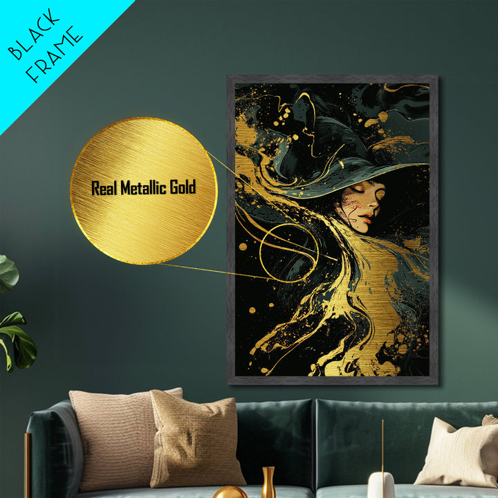 Flowing Witch Metallic Gold Art Wall Hanging, Gothic Spooky Season Metal Art, Halloween Witch Portrait in Wood Frame