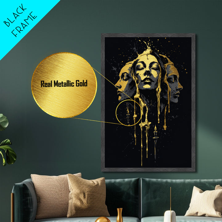 Triple Moon Goddess Metallic Gold Art, Haunted Season Metal Art Print, Spooky Halloween Wall Décor in Real Wood Frame