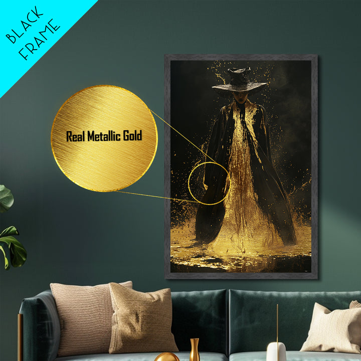 Mystic Witch Metallic Gold Art Wall Print, Gothic Spooky Metal Art, Halloween Enchanted Portrait with Solid Wood Frame