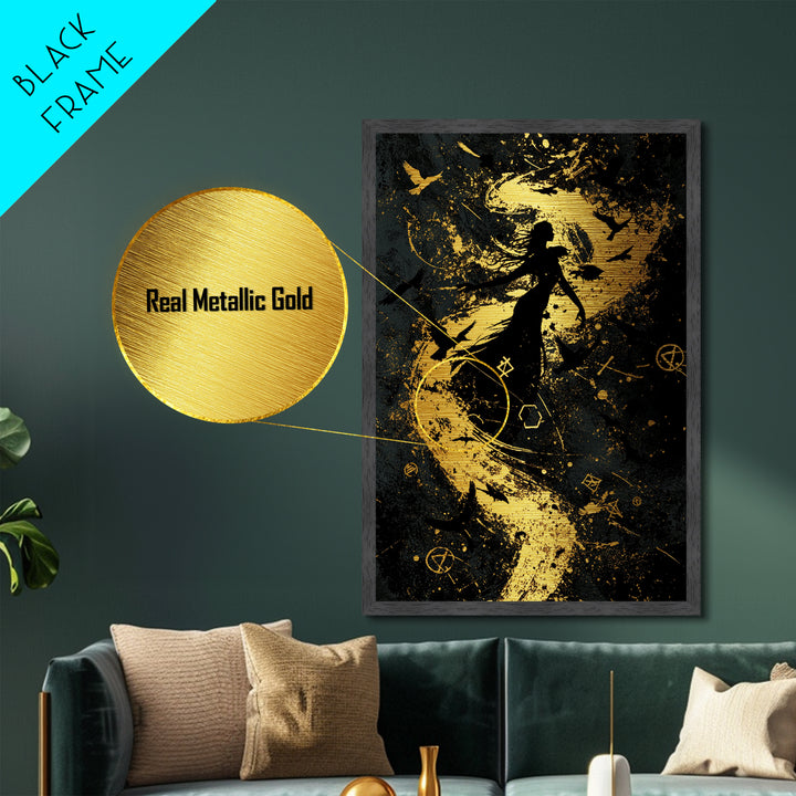 Occult Witch Metallic Gold Art Print, Spooky Season Metal Art, Gothic Halloween Wall Hanging Framed in Real Wood