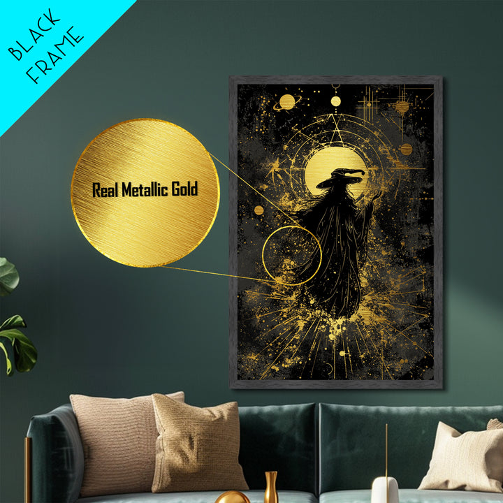 Haunted Sorcerer Metallic Gold Art, Spooky Season Metal Art Print, Halloween Wall Décor with Natural Wood Frame